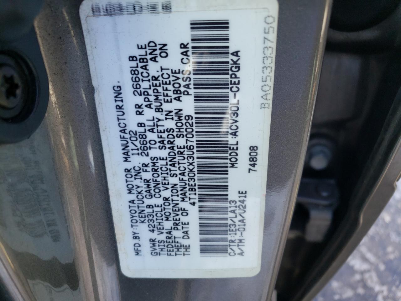 Photo 10 from auction – 2003 TOYOTA CAMRY LE with VIN 4T1BE30KX3U670029