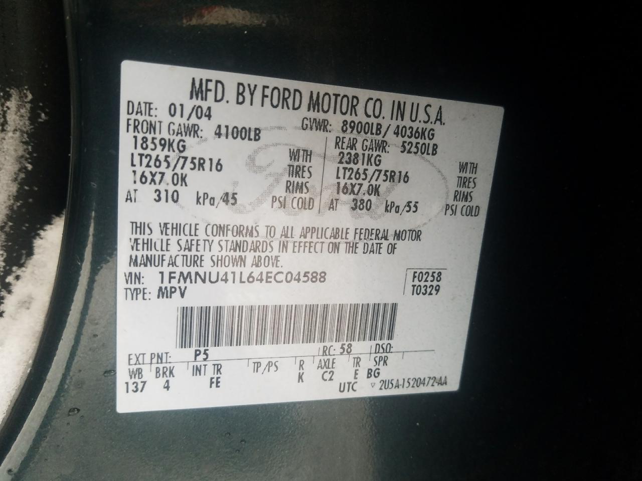 Photo 10 from auction – 2004 FORD EXCURSION with VIN 1FMNU41L64EC04588