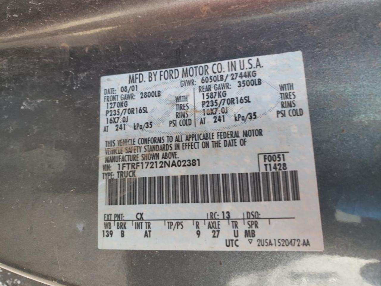 Photo 10 from auction – 2002 FORD F150 with VIN 1FTRF17212NA02381