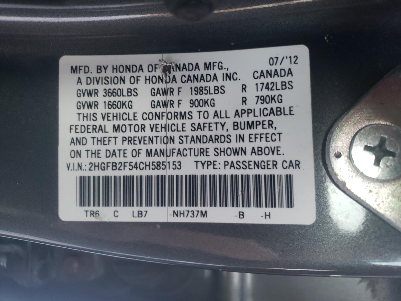 Photo 10 from auction – 2012 HONDA CIVIC with VIN 2HGFB2F54CH585153