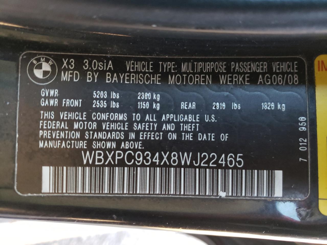 Photo 10 from auction – 2008 BMW X3 3.0SI with VIN WBXPC934X8WJ22465