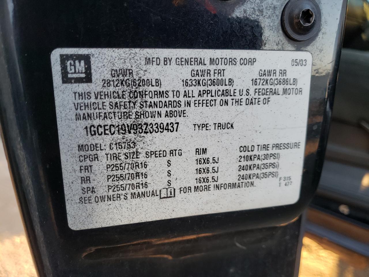 Photo 10 from auction – 2003 CHEVROLET SILVERADO with VIN 1GCEC19V93Z339437