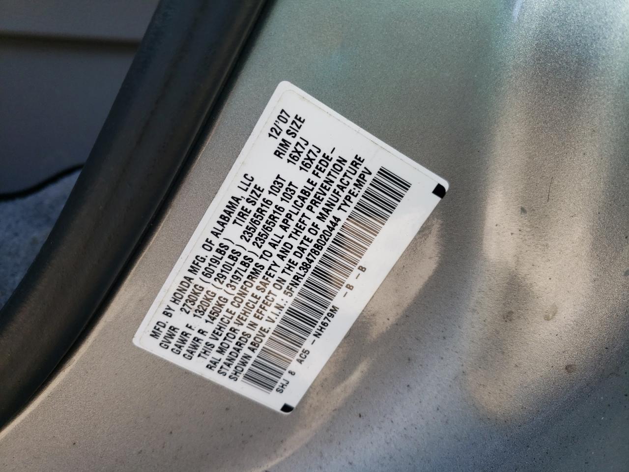 Photo 10 from auction – 2008 HONDA ODYSSEY EX with VIN 5FNRL38478B020444