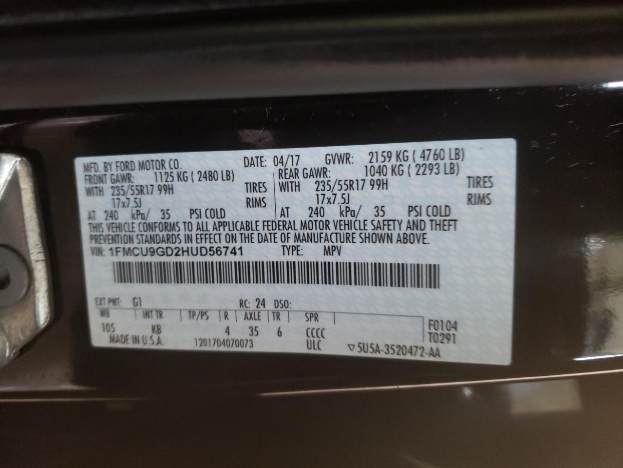 Photo 10 from auction – 2017 FORD ESCAPE SE with VIN 1FMCU9GD2HUD56741