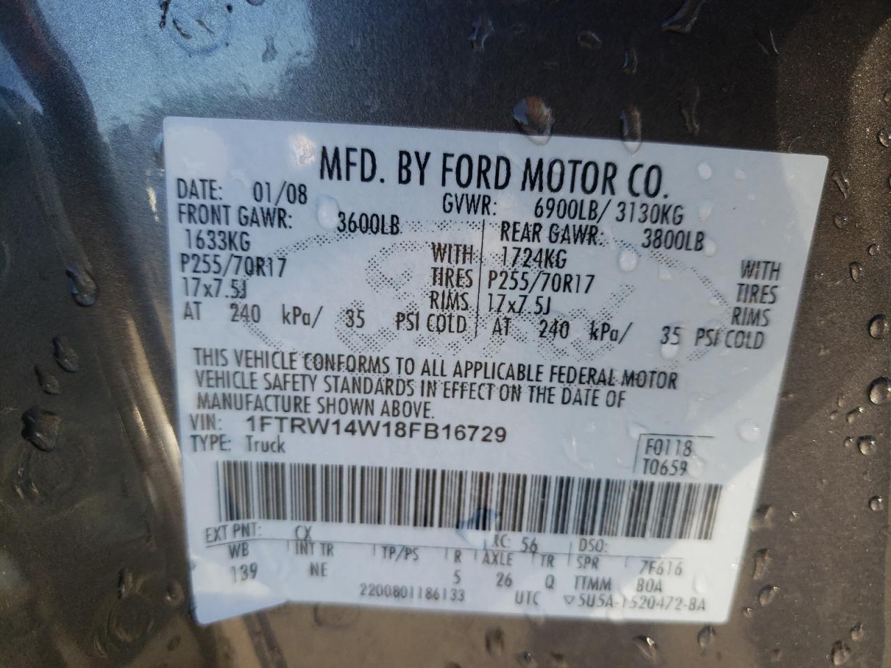 Photo 10 from auction – 2008 FORD F150 SUPER with VIN 1FTRW14W18FB16729