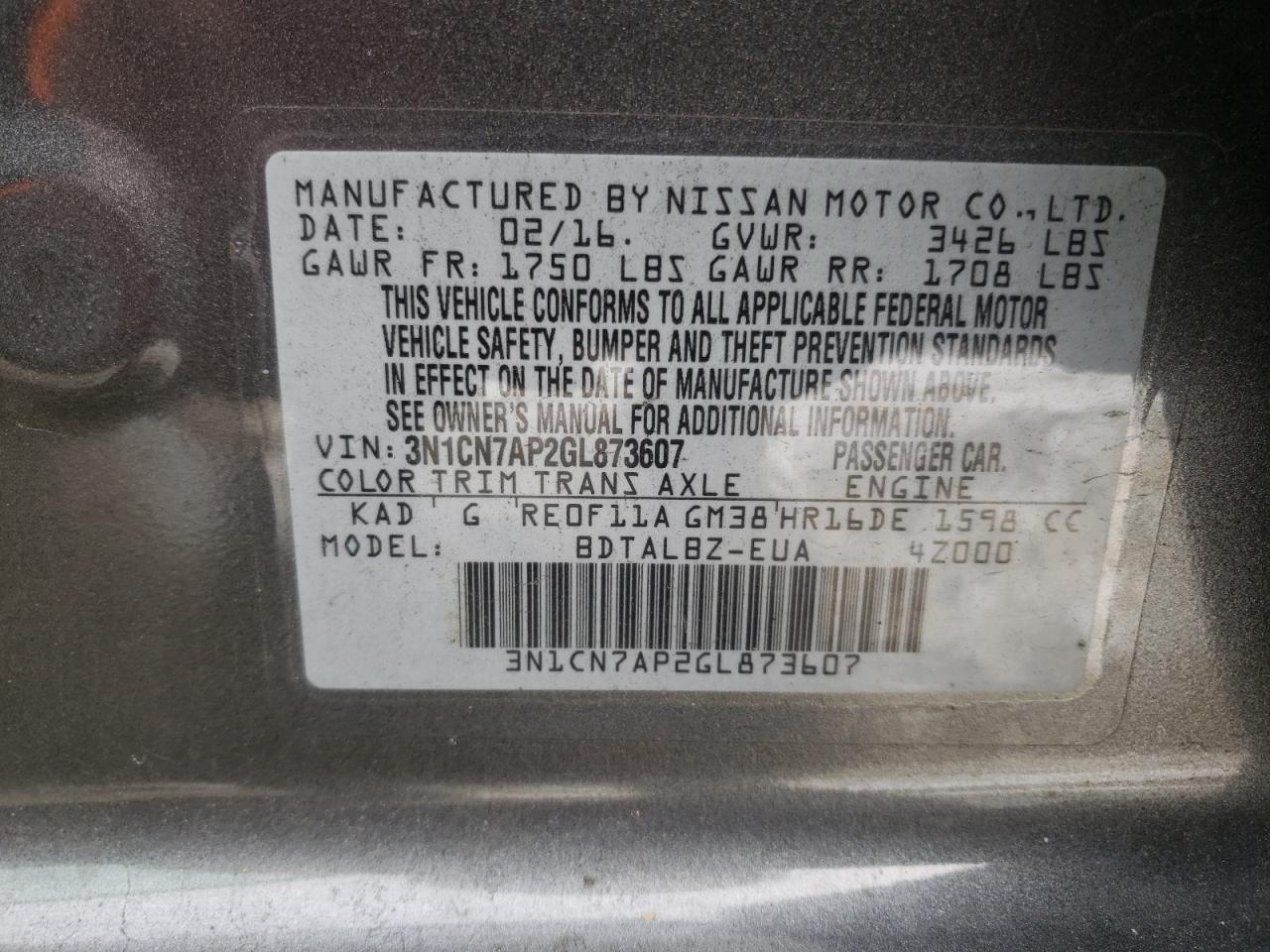Photo 10 from auction – 2016 NISSAN VERSA S with VIN 3N1CN7AP2GL873607