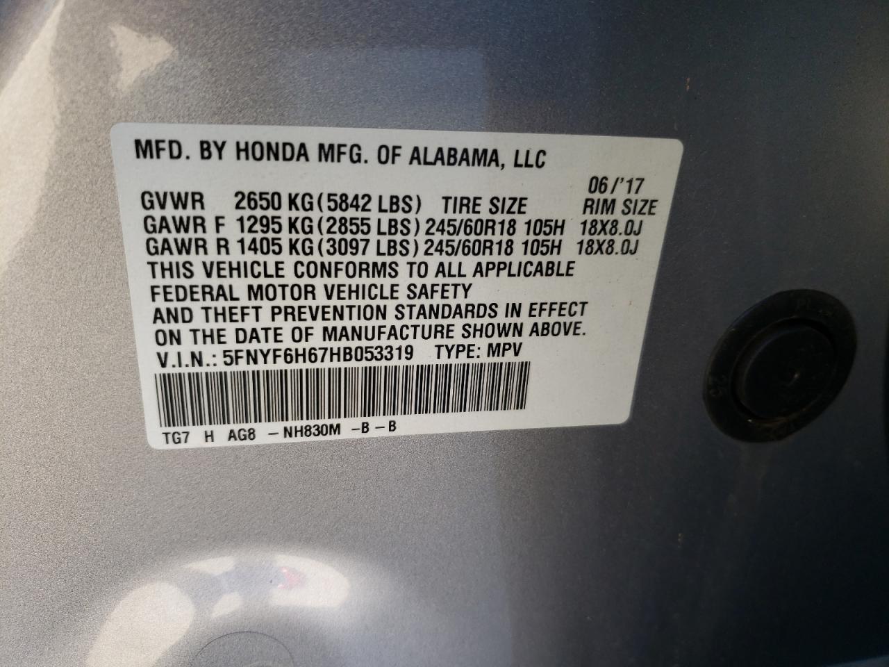 Photo 10 from auction – 2017 HONDA PILOT EXL with VIN 5FNYF6H67HB053319