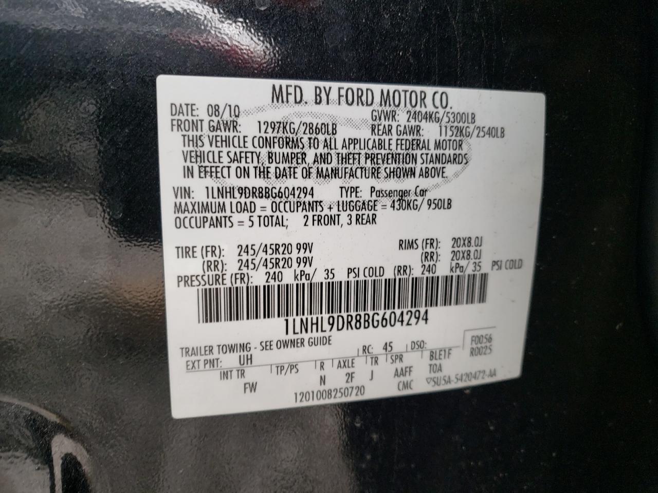 Photo 10 from auction – 2011 LINCOLN MKS with VIN 1LNHL9DR8BG604294