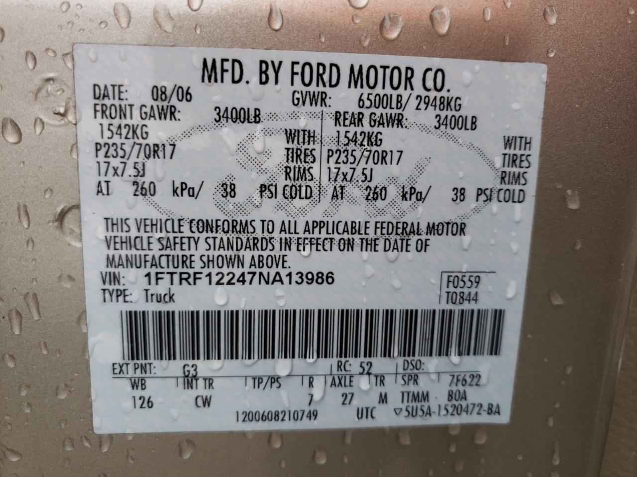 Photo 10 from auction – 2007 FORD F150 with VIN 1FTRF12247NA13986