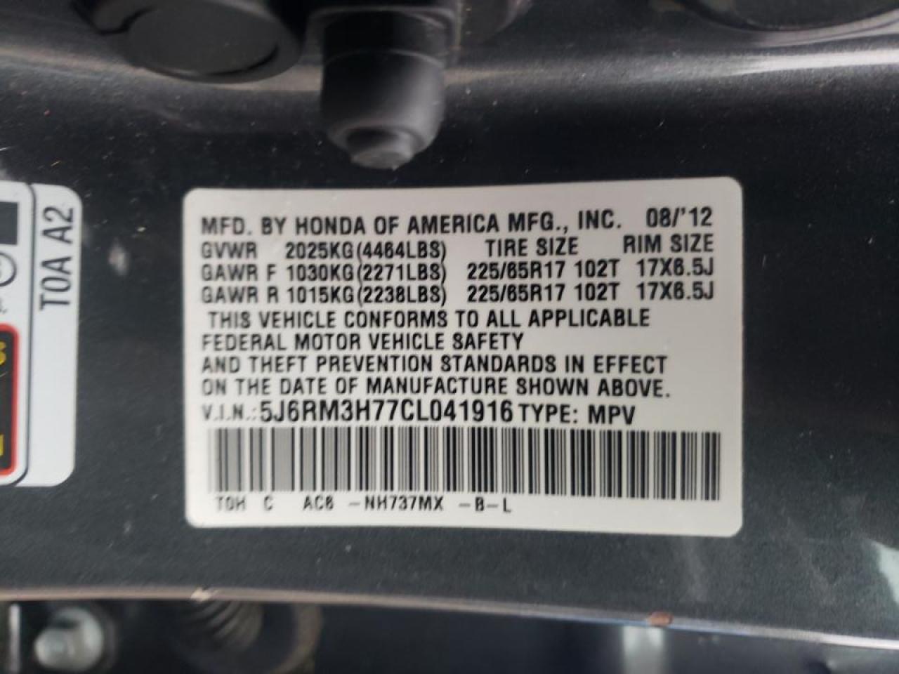 Photo 10 from auction – 2012 HONDA CR-V EXL with VIN 5J6RM3H77CL041916