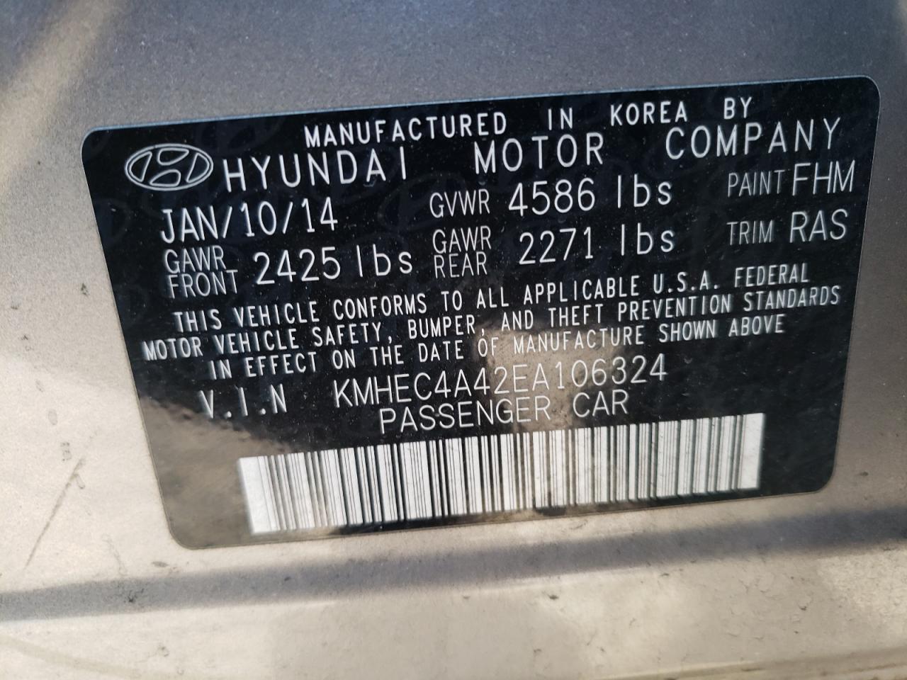 Photo 10 from auction – 2014 HYUNDAI SONATA HYB with VIN KMHEC4A42EA106324