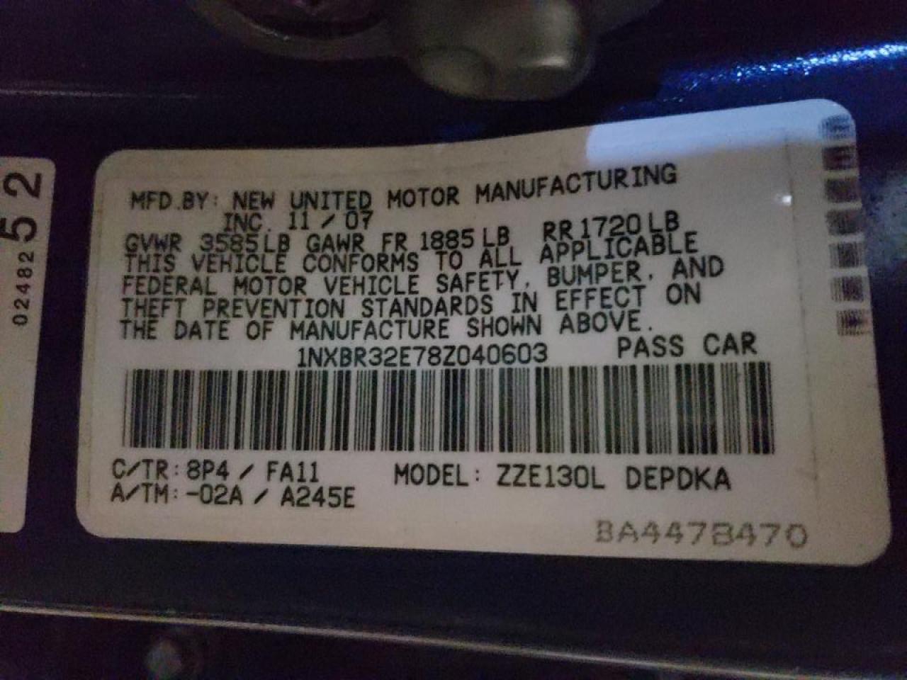 Photo 10 from auction – 2008 TOYOTA COROLLA CE with VIN 1NXBR32E78Z040603