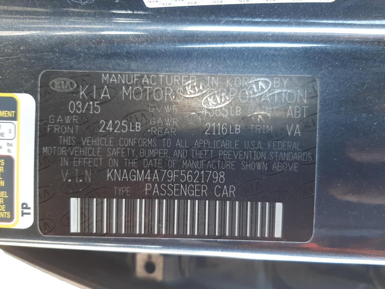 Photo 10 from auction – 2015 KIA OPTIMA LX with VIN KNAGM4A79F5621798