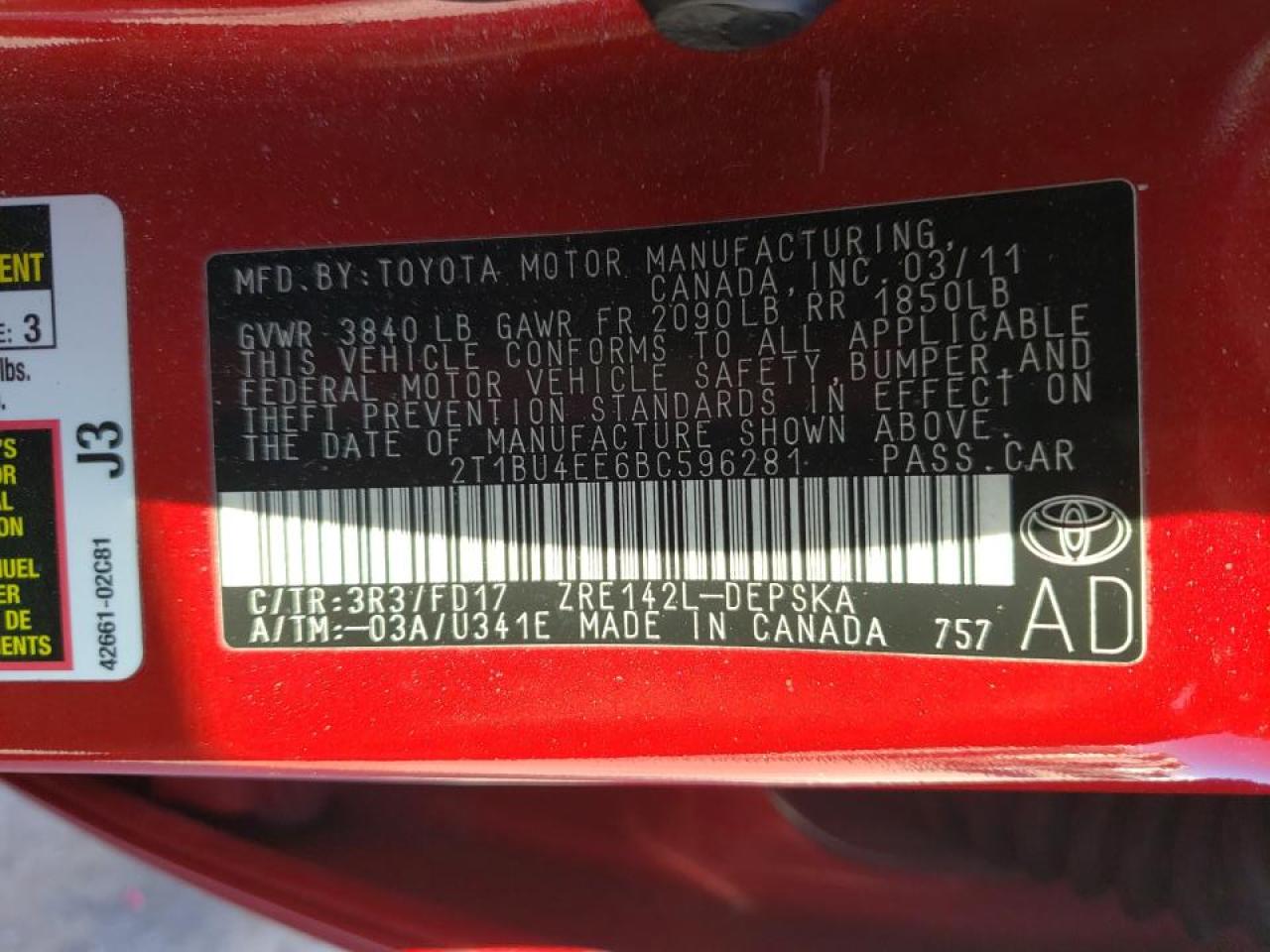Photo 10 from auction – 2011 TOYOTA COROLLA BA with VIN 2T1BU4EE6BC596281