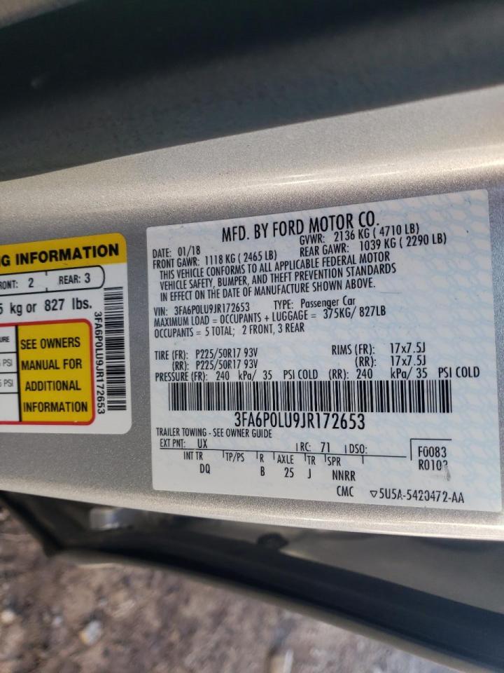 Photo 10 from auction – 2018 FORD FUSION SE with VIN 3FA6P0LU9JR172653