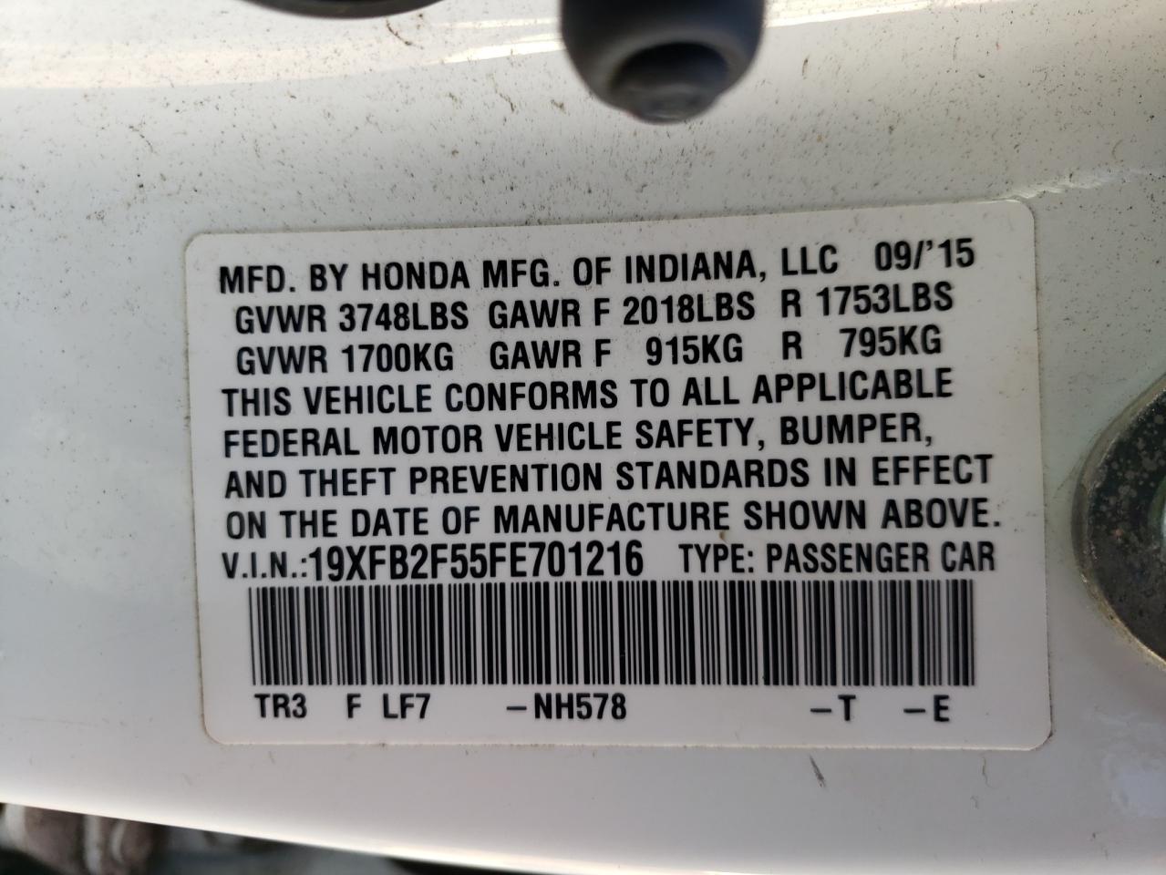 Photo 10 from auction – 2015 HONDA CIVIC LX with VIN 19XFB2F55FE701216