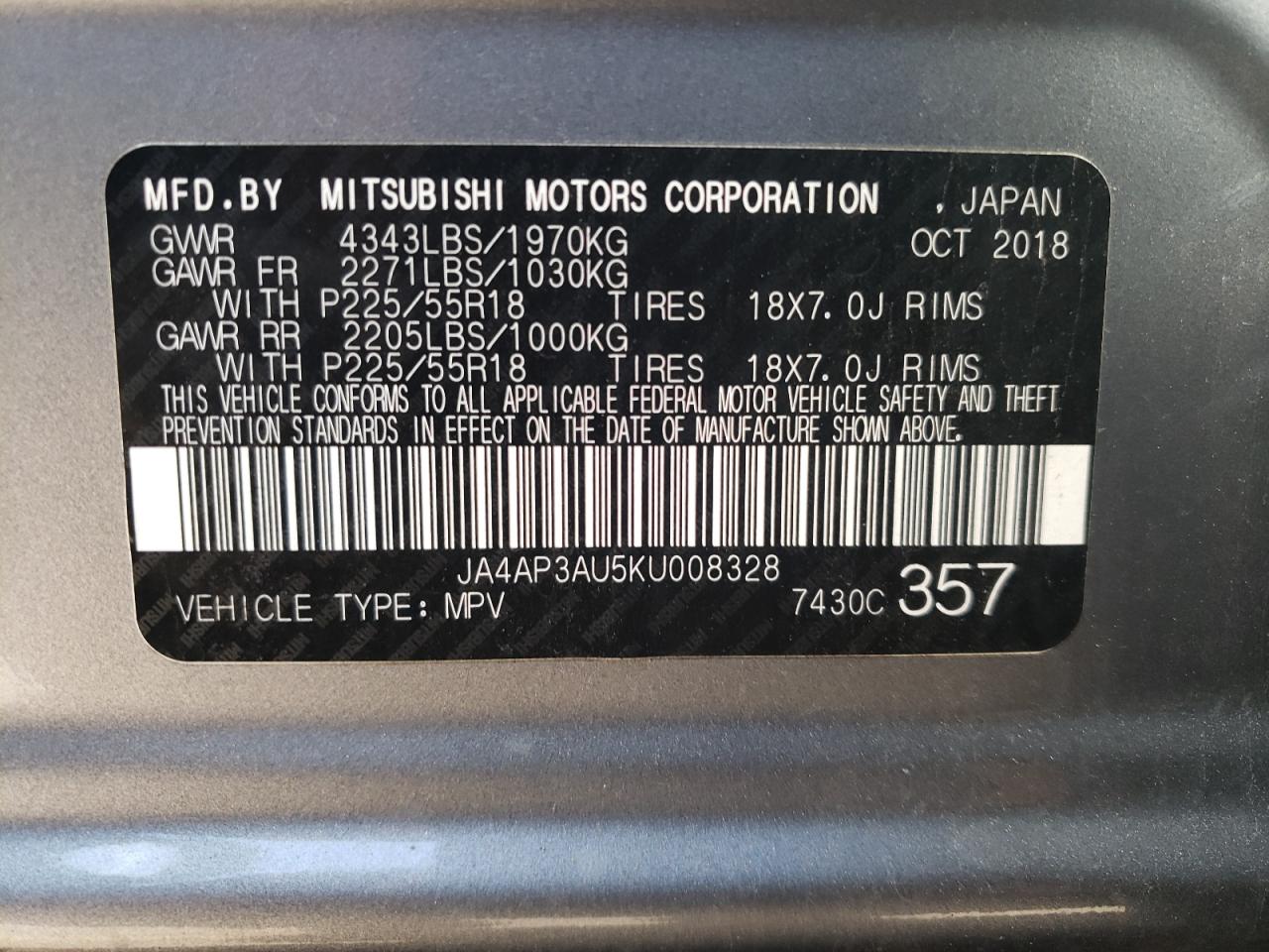 Photo 10 from auction – 2019 MITSUBISHI OUTLANDER with VIN JA4AP3AU5KU008328