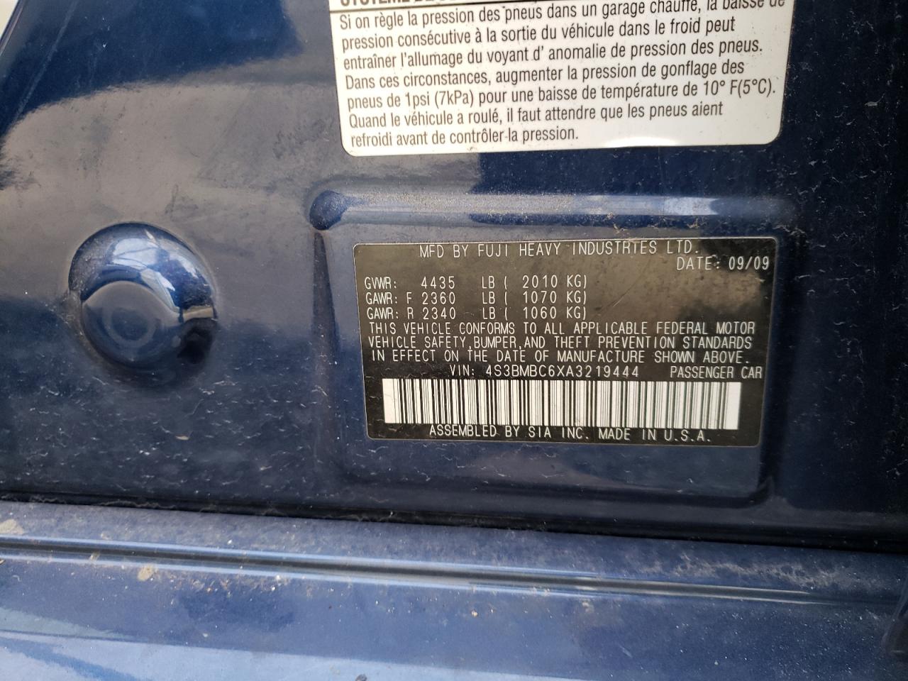 Photo 10 from auction – 2010 SUBARU LEGACY 2.5 with VIN 4S3BMBC6XA3219444