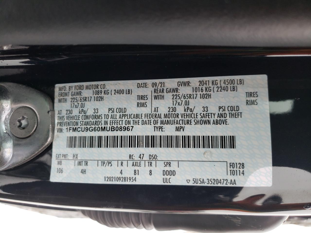 Photo 10 from auction – 2021 FORD ESCAPE SE with VIN 1FMCU9G60MUB08967
