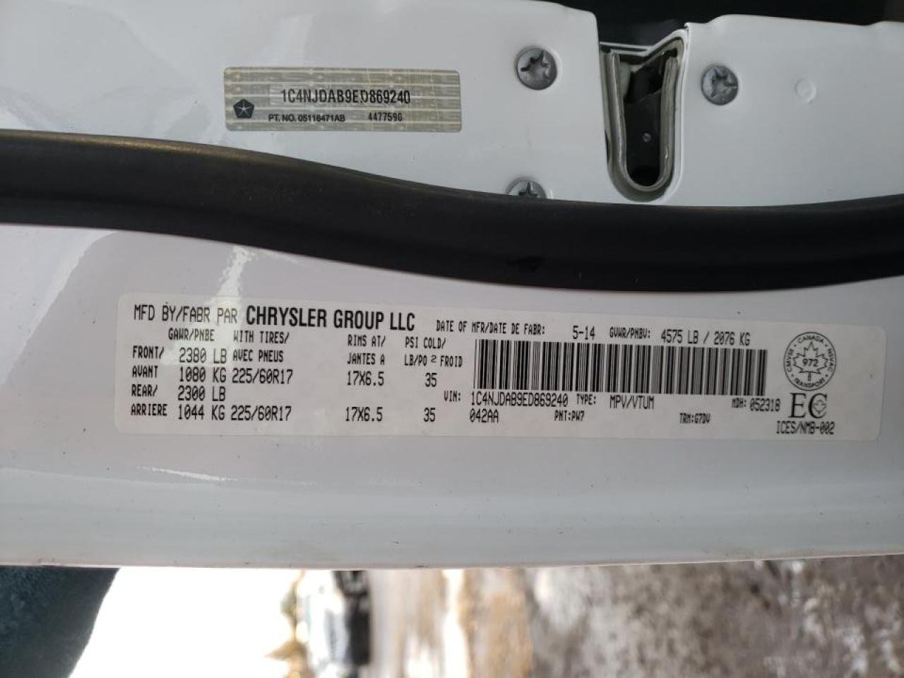 Photo 10 from auction – 2014 JEEP COMPASS SP with VIN 1C4NJDAB9ED869240