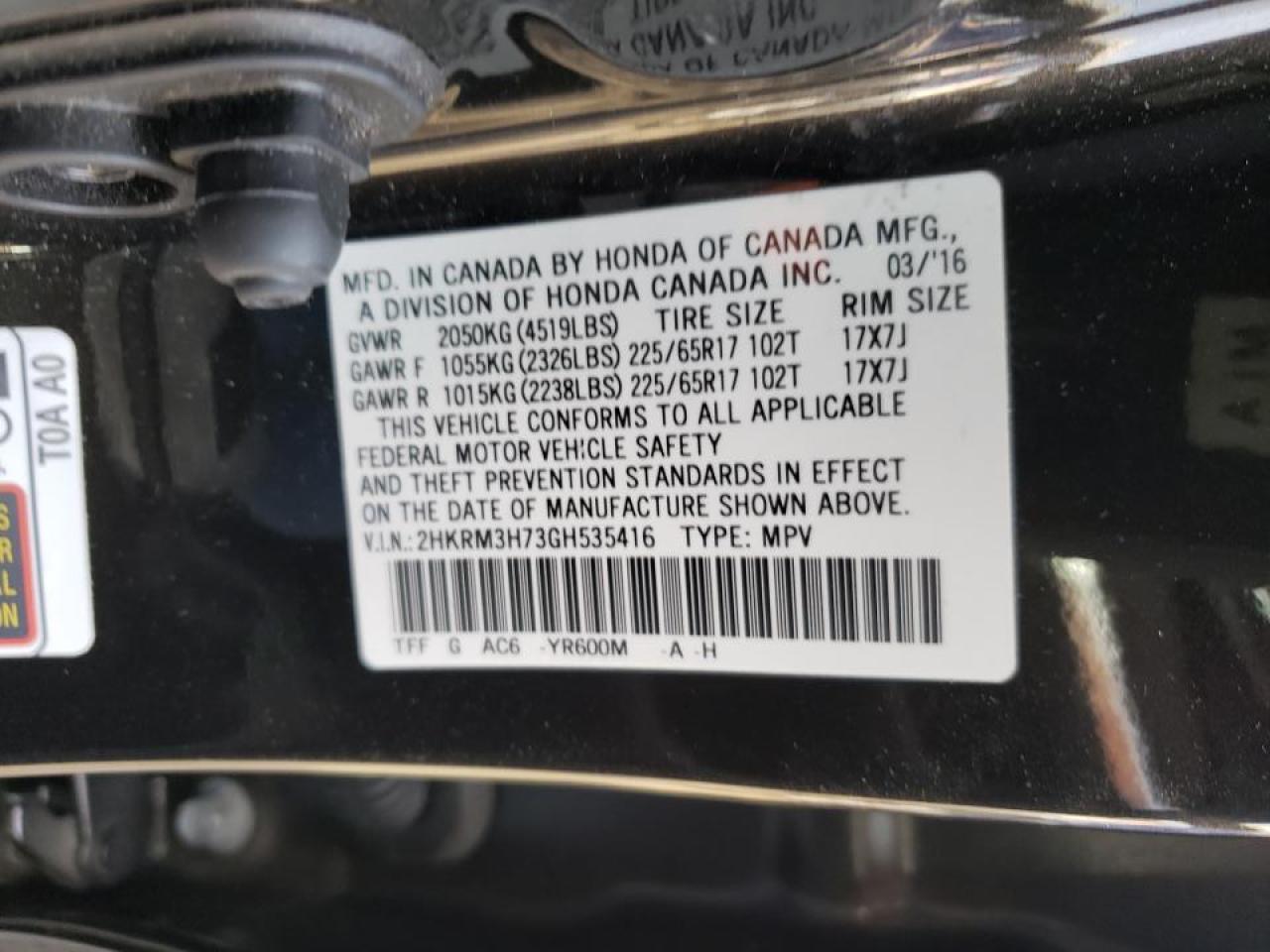 Photo 10 from auction – 2016 HONDA CR-V EXL with VIN 2HKRM3H73GH535416