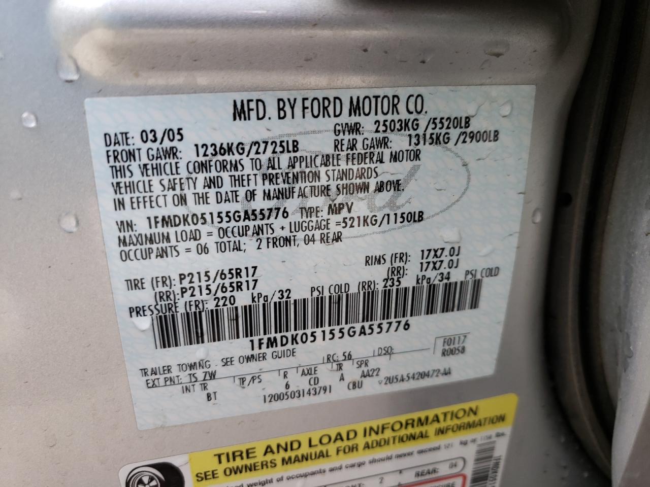 Photo 10 from auction – 2005 FORD FREESTYLE with VIN 1FMDK05155GA55776