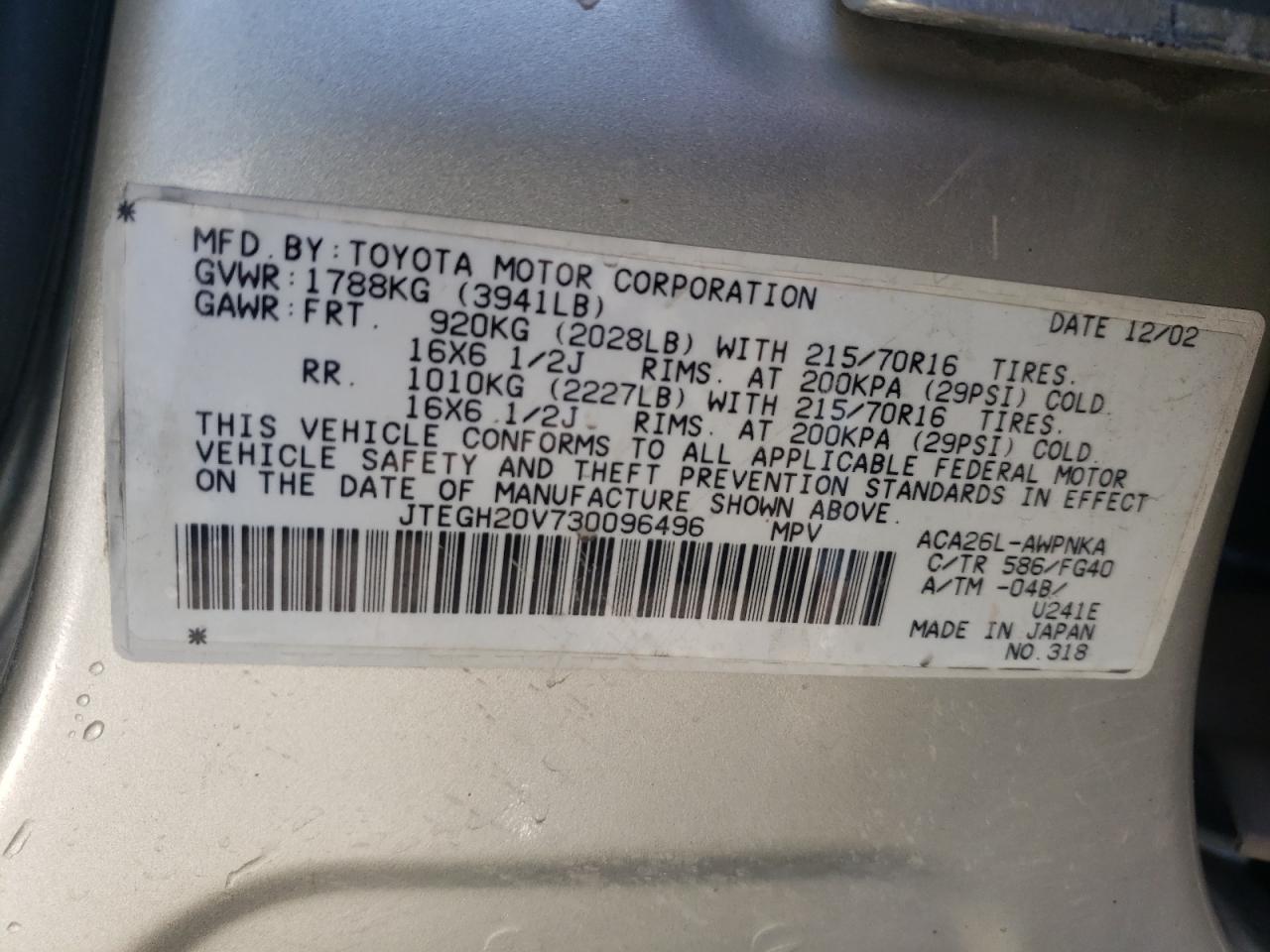 Photo 10 from auction – 2003 TOYOTA RAV4 with VIN JTEGH20V730096496