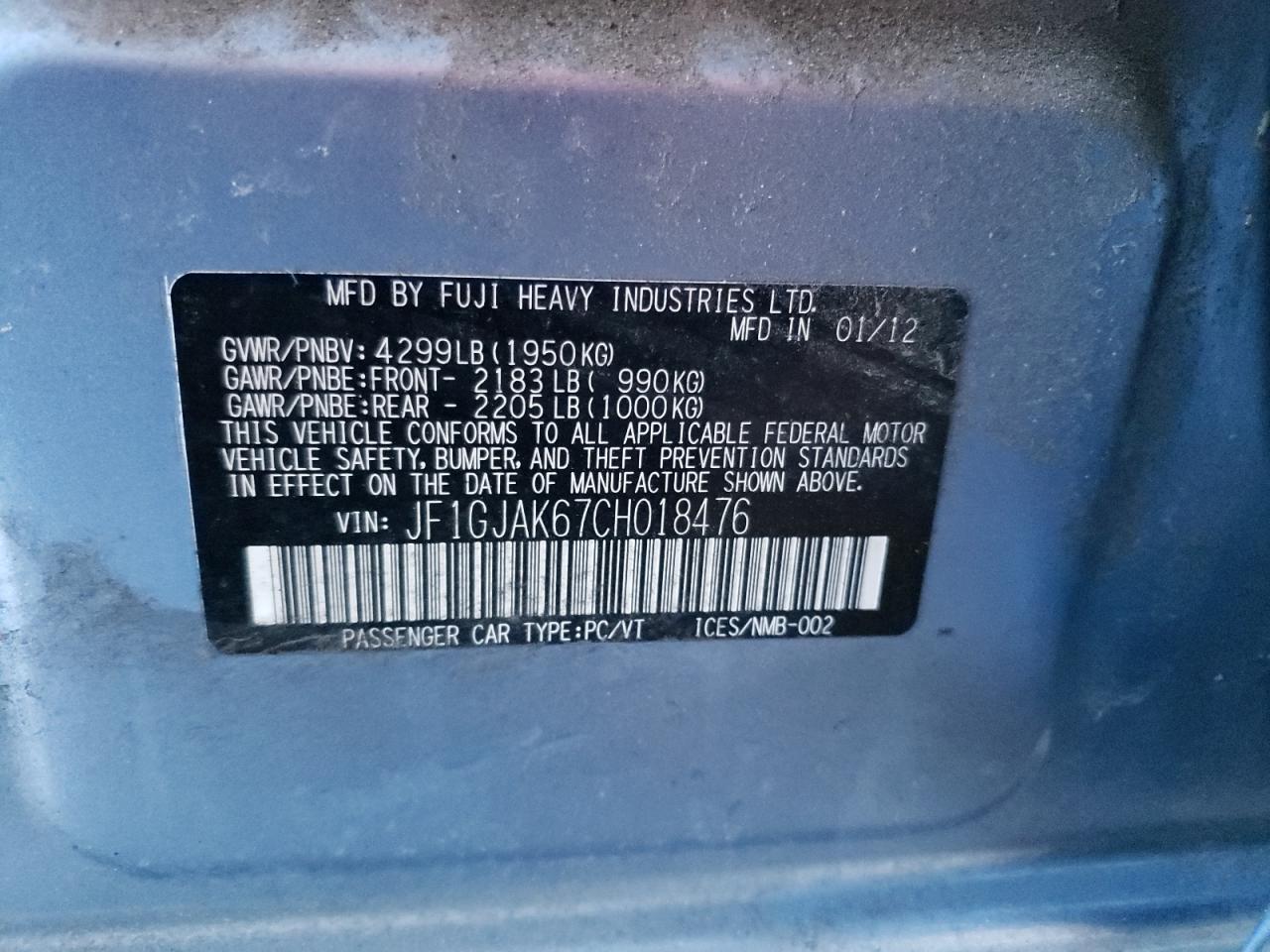 Photo 10 from auction – 2012 SUBARU IMPREZA LI with VIN JF1GJAK67CH018476