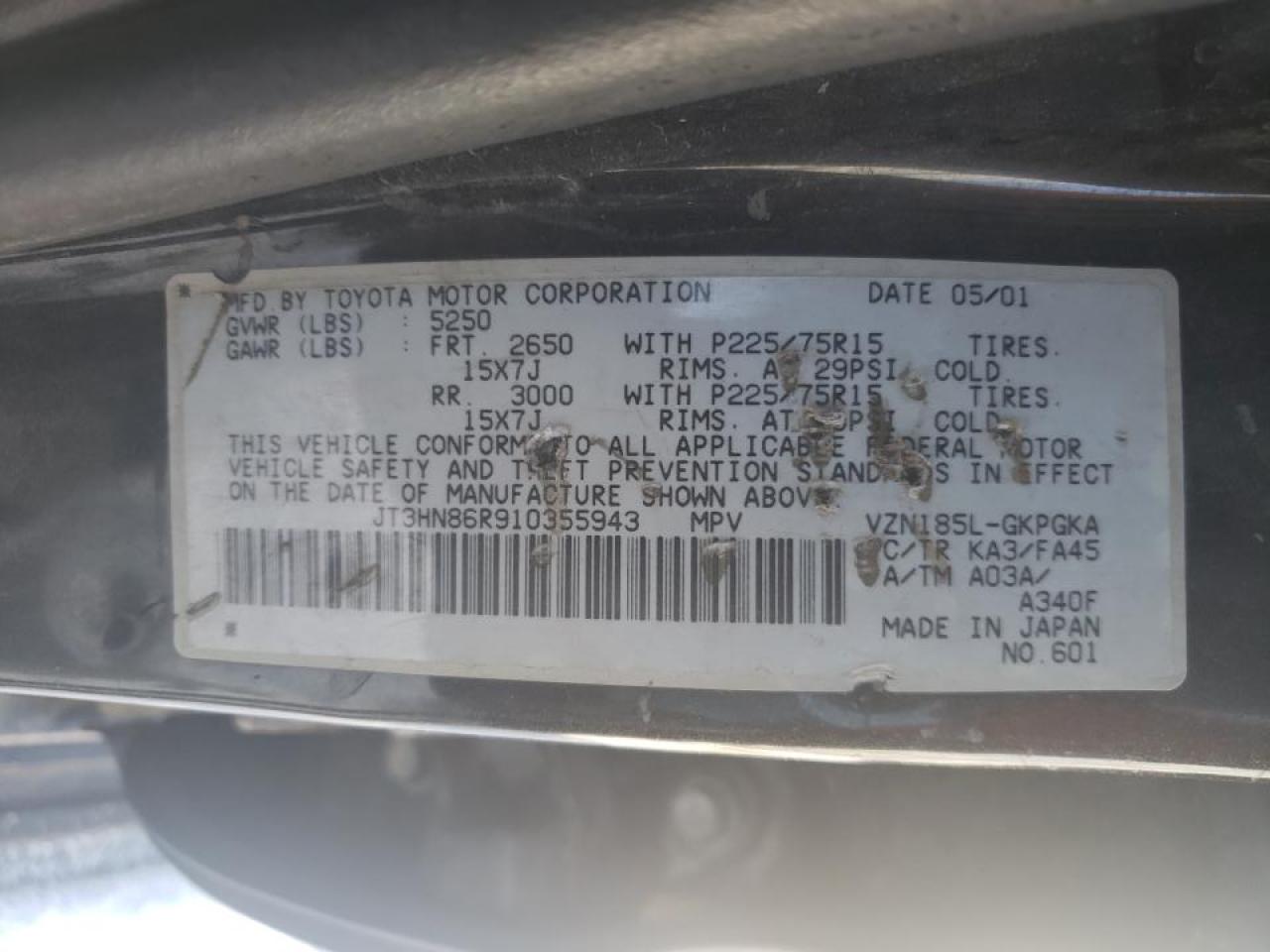 Photo 10 from auction – 2001 TOYOTA 4RUNNER SR with VIN JT3HN86R910355943