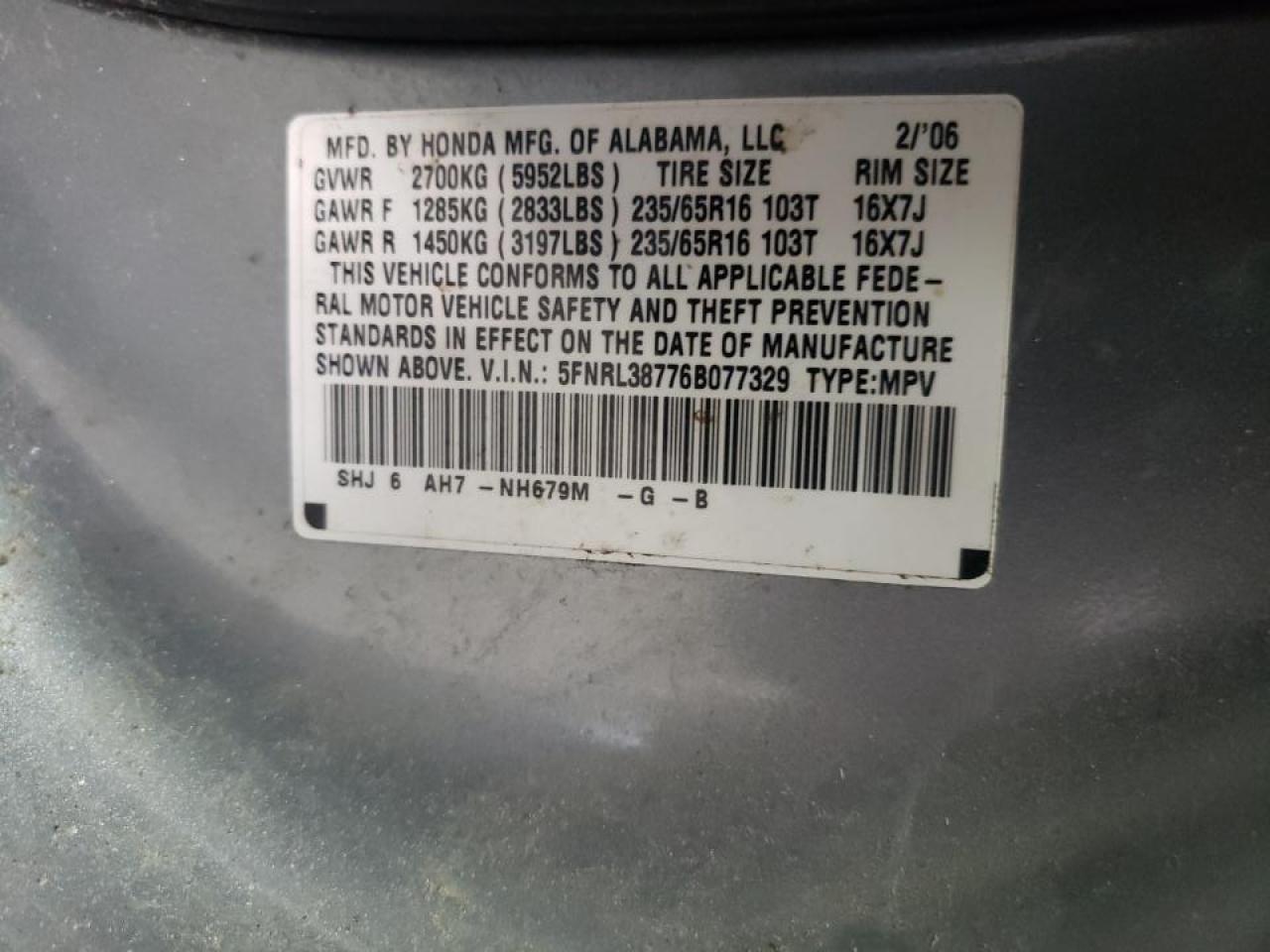 Photo 10 from auction – 2006 HONDA ODYSSEY with VIN 5FNRL38776B077329