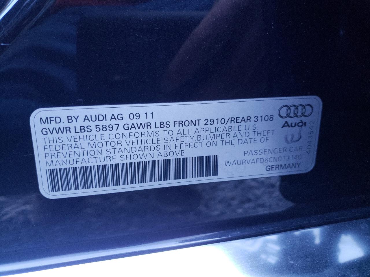 Photo 10 from auction – 2012 AUDI A8 L QUATT with VIN WAURVAFD6CN013140