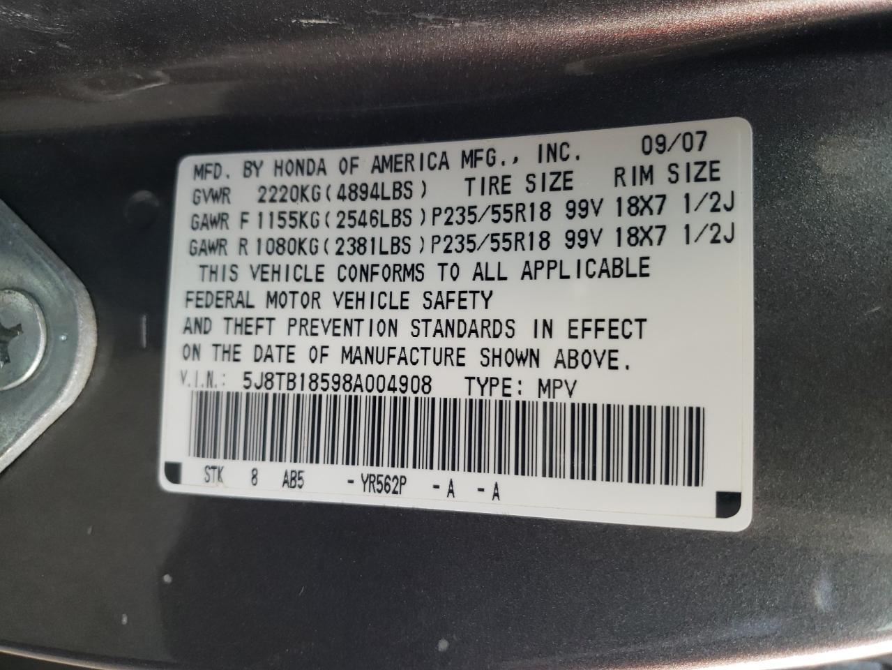 Photo 10 from auction – 2008 ACURA RDX TECHNO with VIN 5J8TB18598A004908