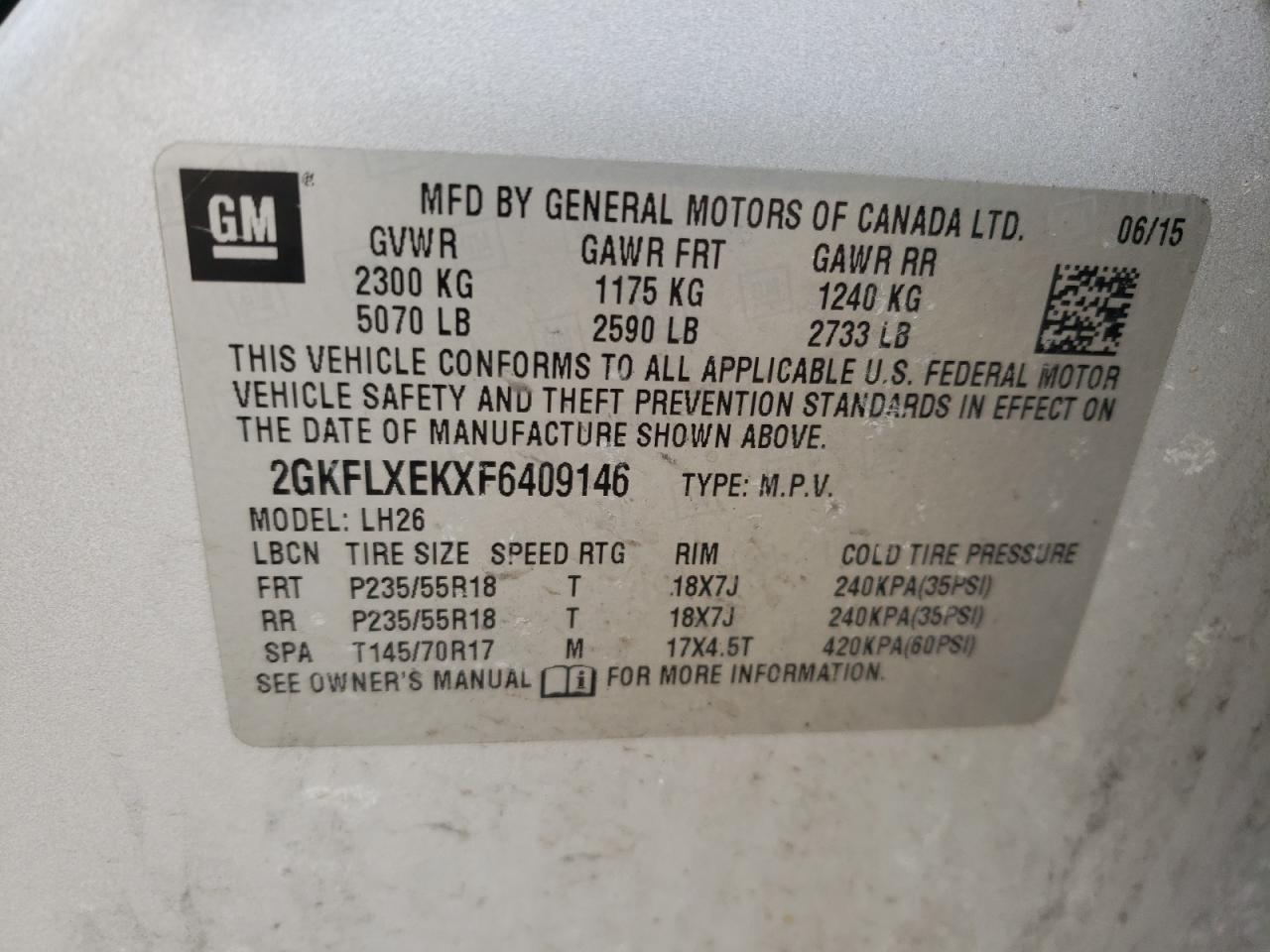 Photo 10 from auction – 2015 GMC TERRAIN SL with VIN 2GKFLXEKXF6409146