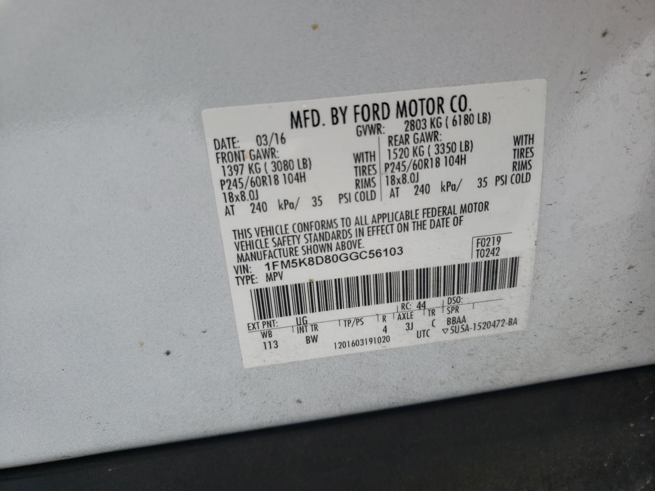 Photo 10 from auction – 2016 FORD EXPLORER X with VIN 1FM5K8D80GGC56103