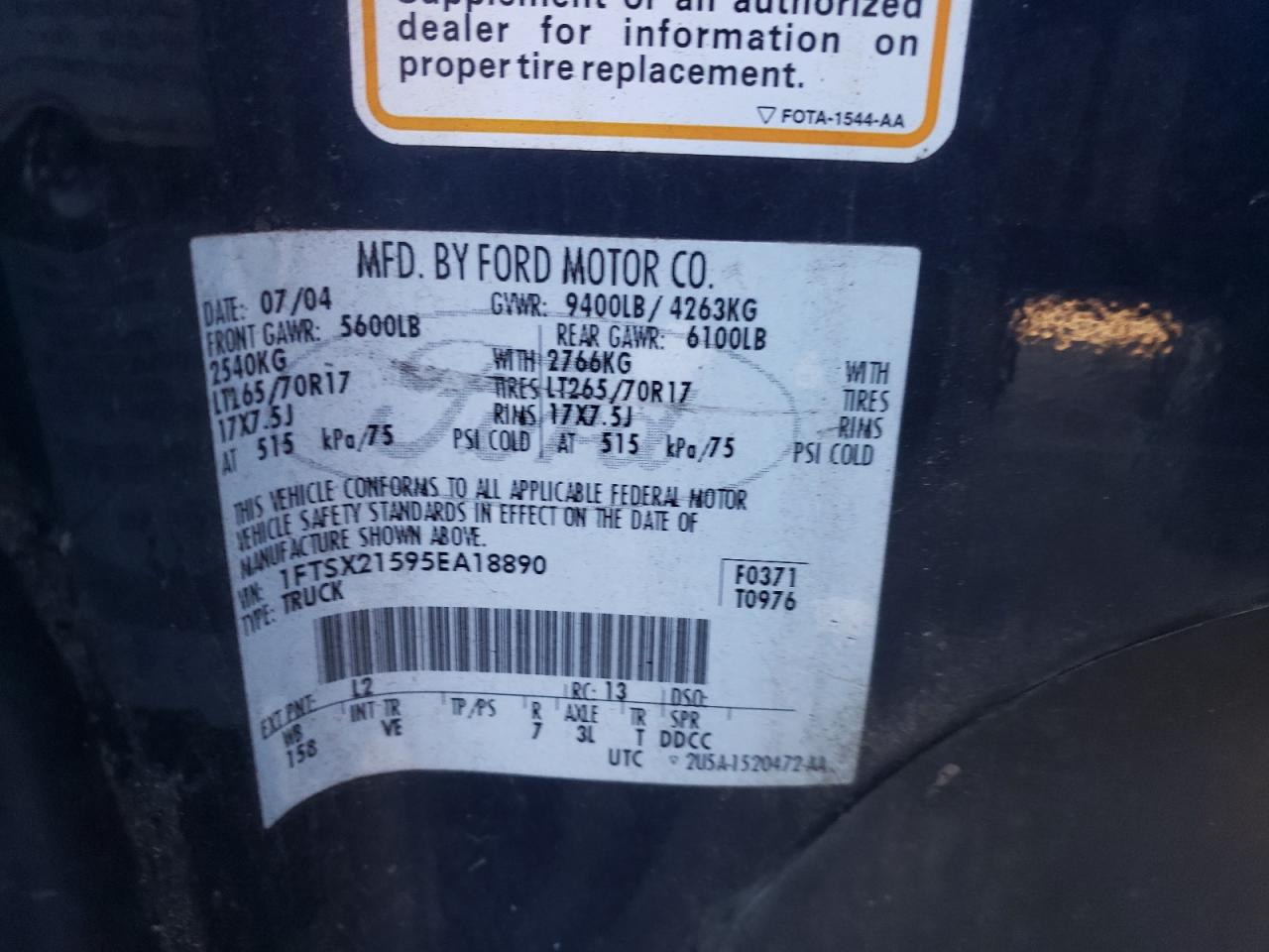 Photo 10 from auction – 2005 FORD F250 SUPER with VIN 1FTSX21595EA18890