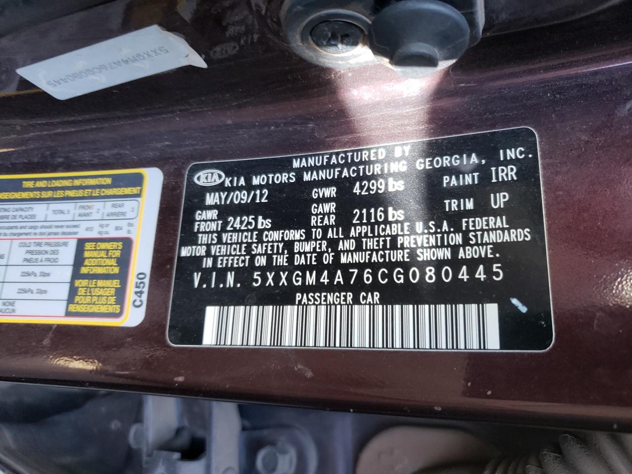 Photo 10 from auction – 2012 KIA OPTIMA LX with VIN 5XXGM4A76CG080445