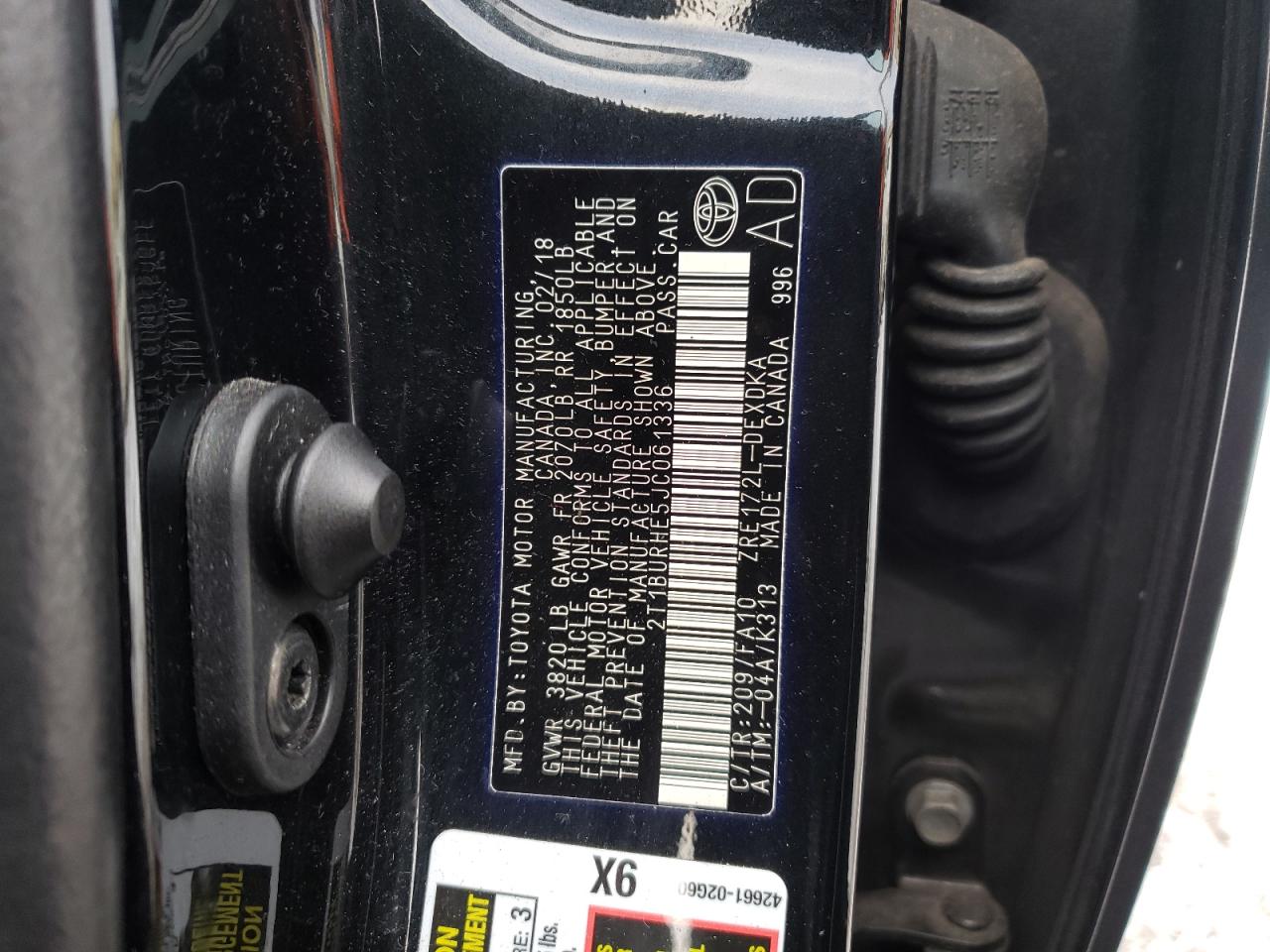 Photo 10 from auction – 2018 TOYOTA COROLLA L with VIN 2T1BURHE5JC061336