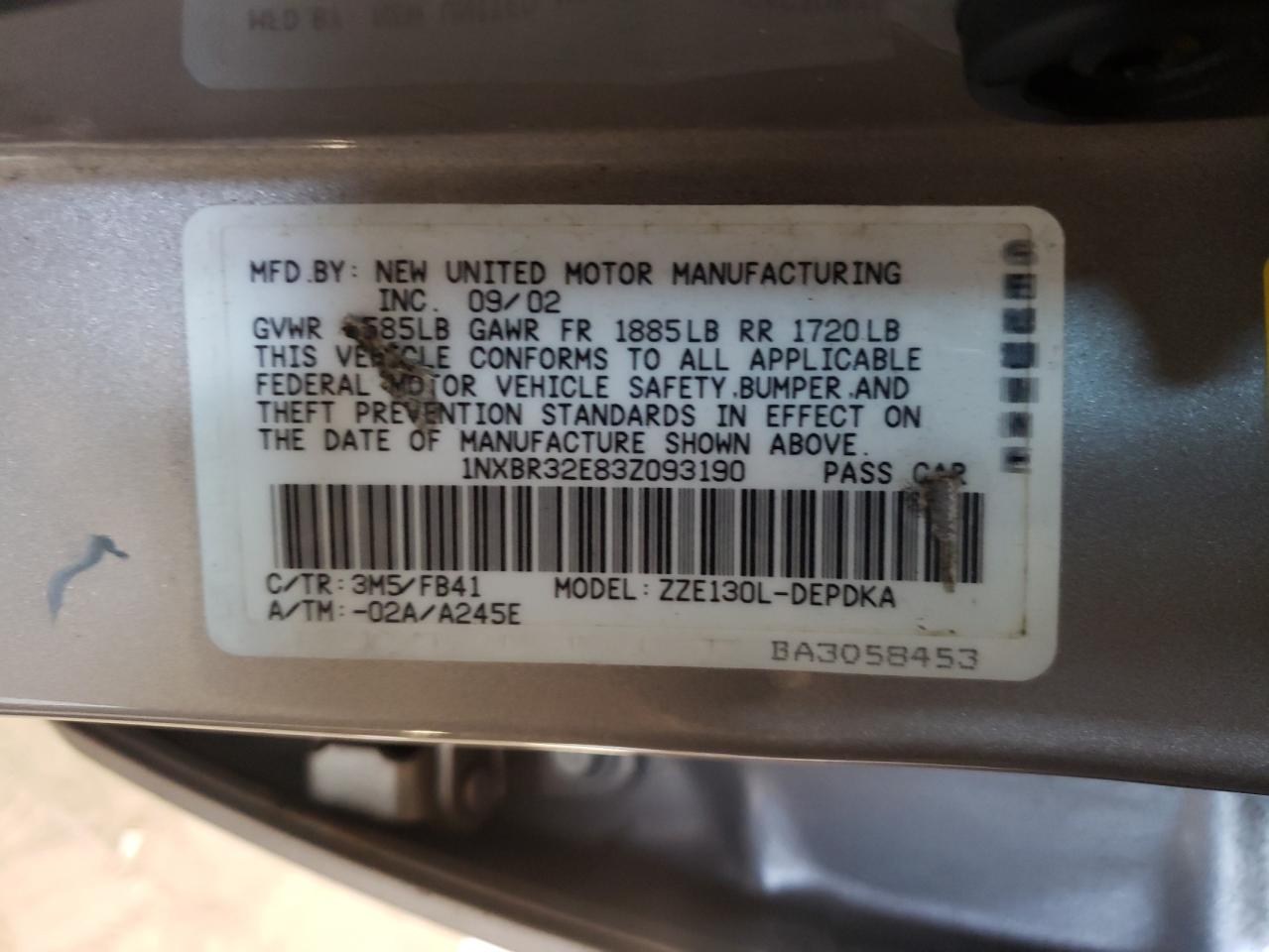 Photo 10 from auction – 2003 TOYOTA COROLLA CE with VIN 1NXBR32E83Z093190