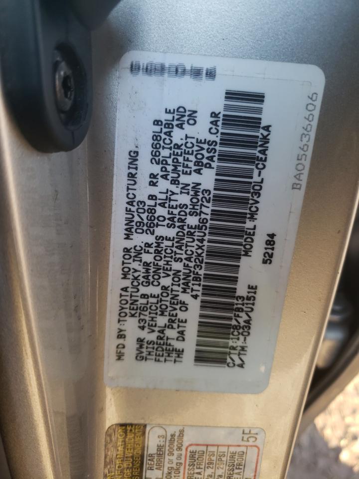 Photo 10 from auction – 2004 TOYOTA CAMRY LE with VIN 4T1BF32KX4U567723