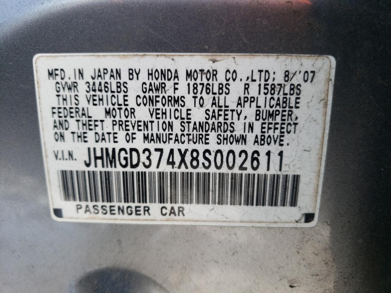 Photo 10 from auction – 2008 HONDA FIT with VIN JHMGD374X8S002611