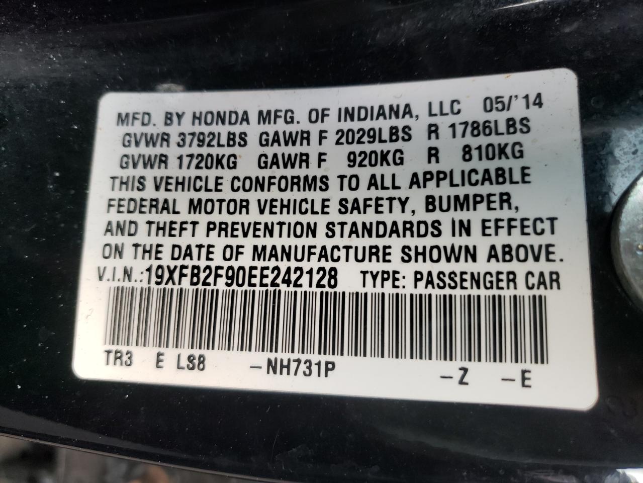 Photo 10 from auction – 2014 HONDA CIVIC EXL with VIN 19XFB2F90EE242128