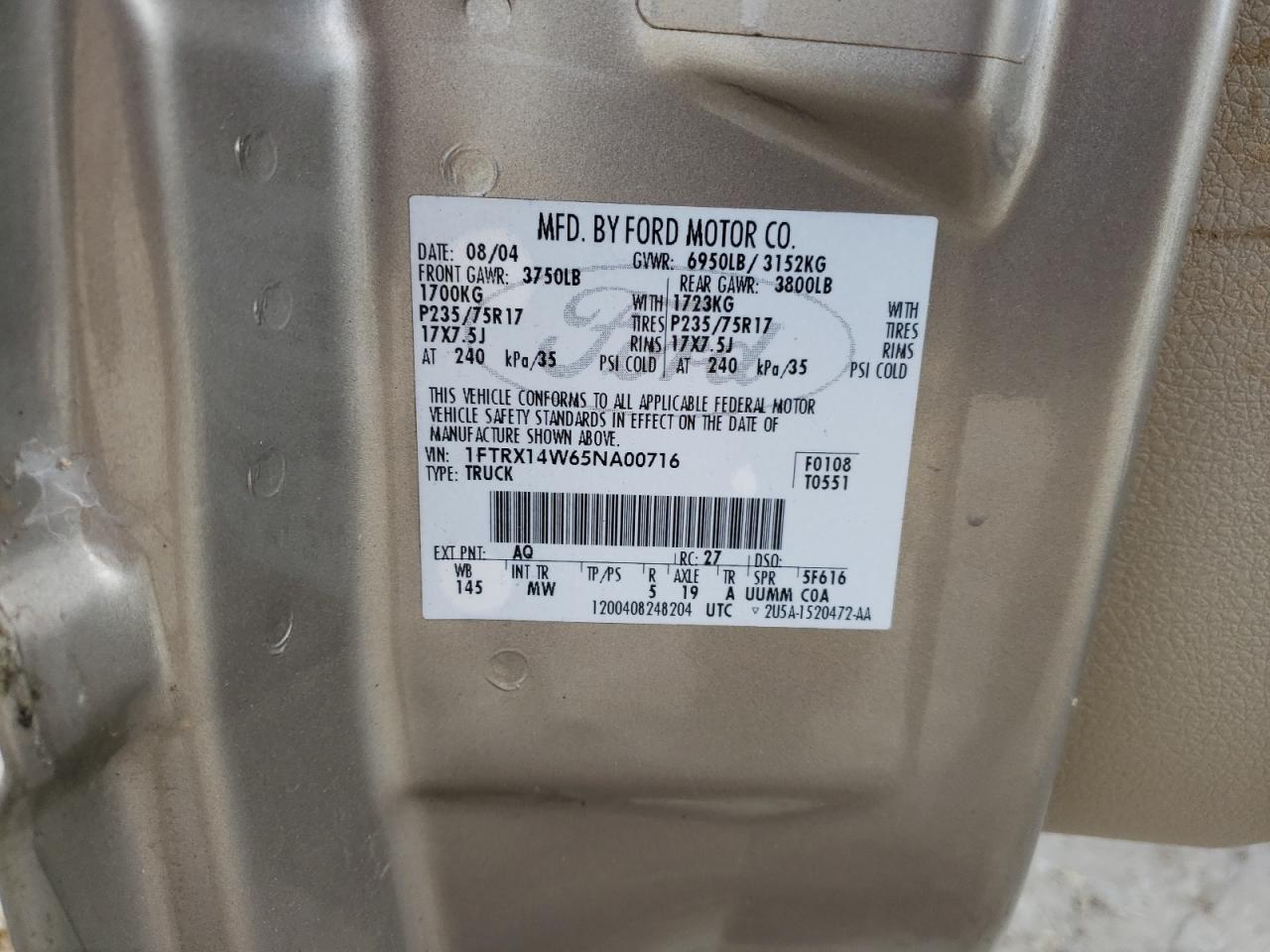 Photo 10 from auction – 2005 FORD F150 with VIN 1FTRX14W65NA00716