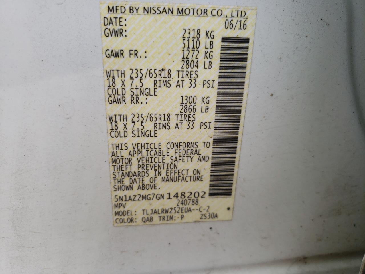 Photo 10 from auction – 2016 NISSAN MURANO S with VIN 5N1AZ2MG7GN148202