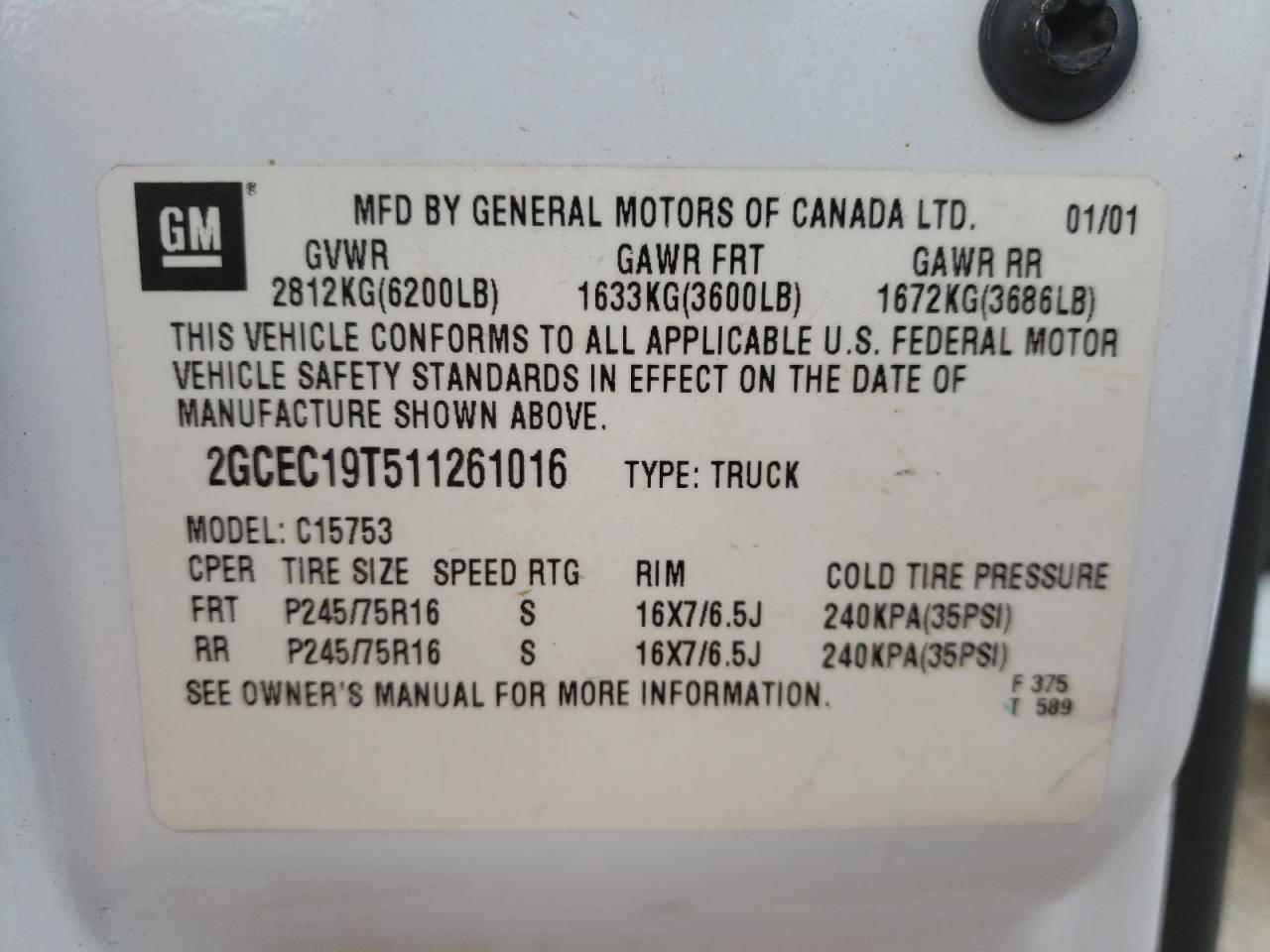Photo 10 from auction – 2001 CHEVROLET SILVERADO with VIN 2GCEC19T511261016