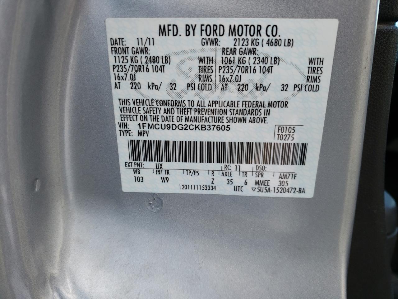 Photo 10 from auction – 2012 FORD ESCAPE XLT with VIN 1FMCU9DG2CKB37605
