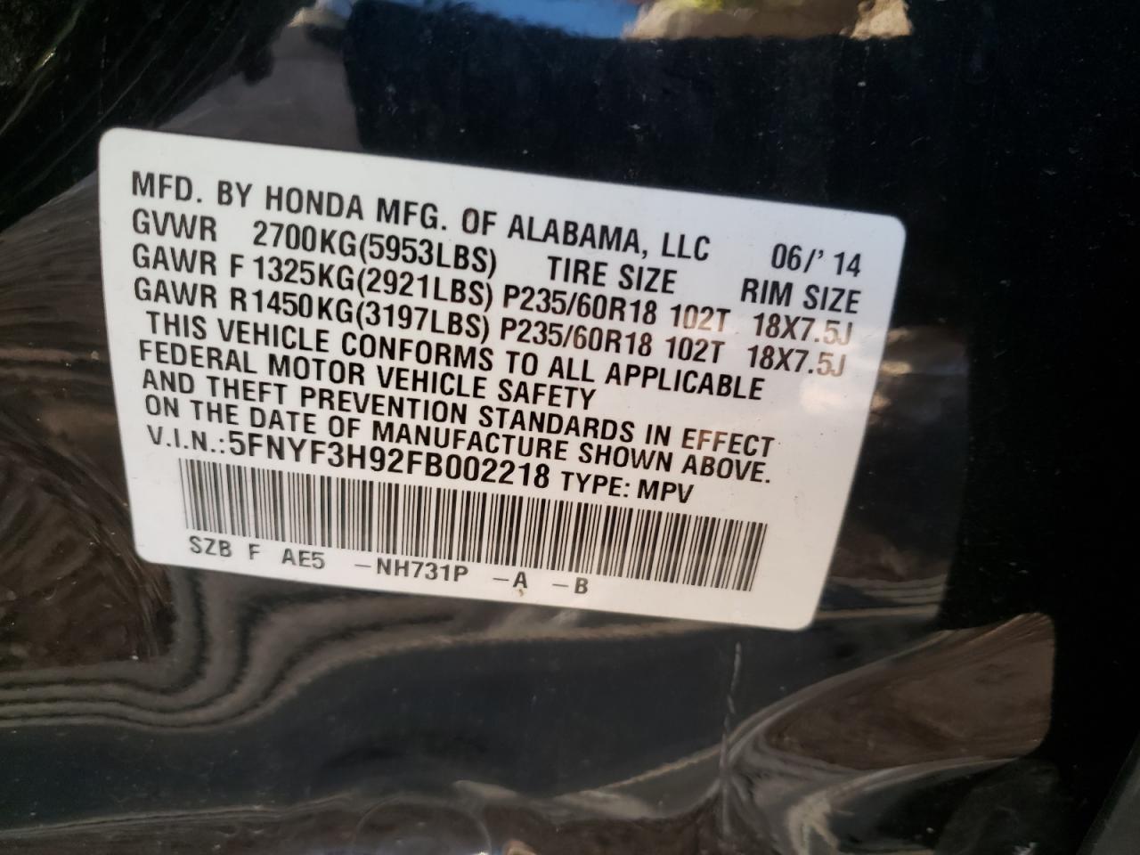 Photo 10 from auction – 2015 HONDA PILOT TOUR with VIN 5FNYF3H92FB002218