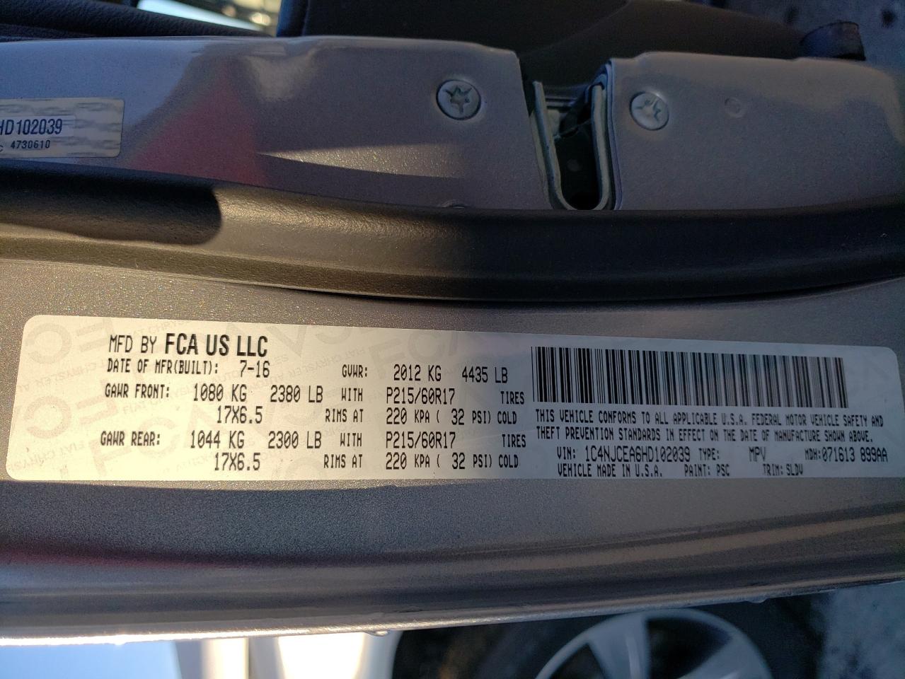 Photo 10 from auction – 2017 JEEP COMPASS LA with VIN 1C4NJCEA6HD102039