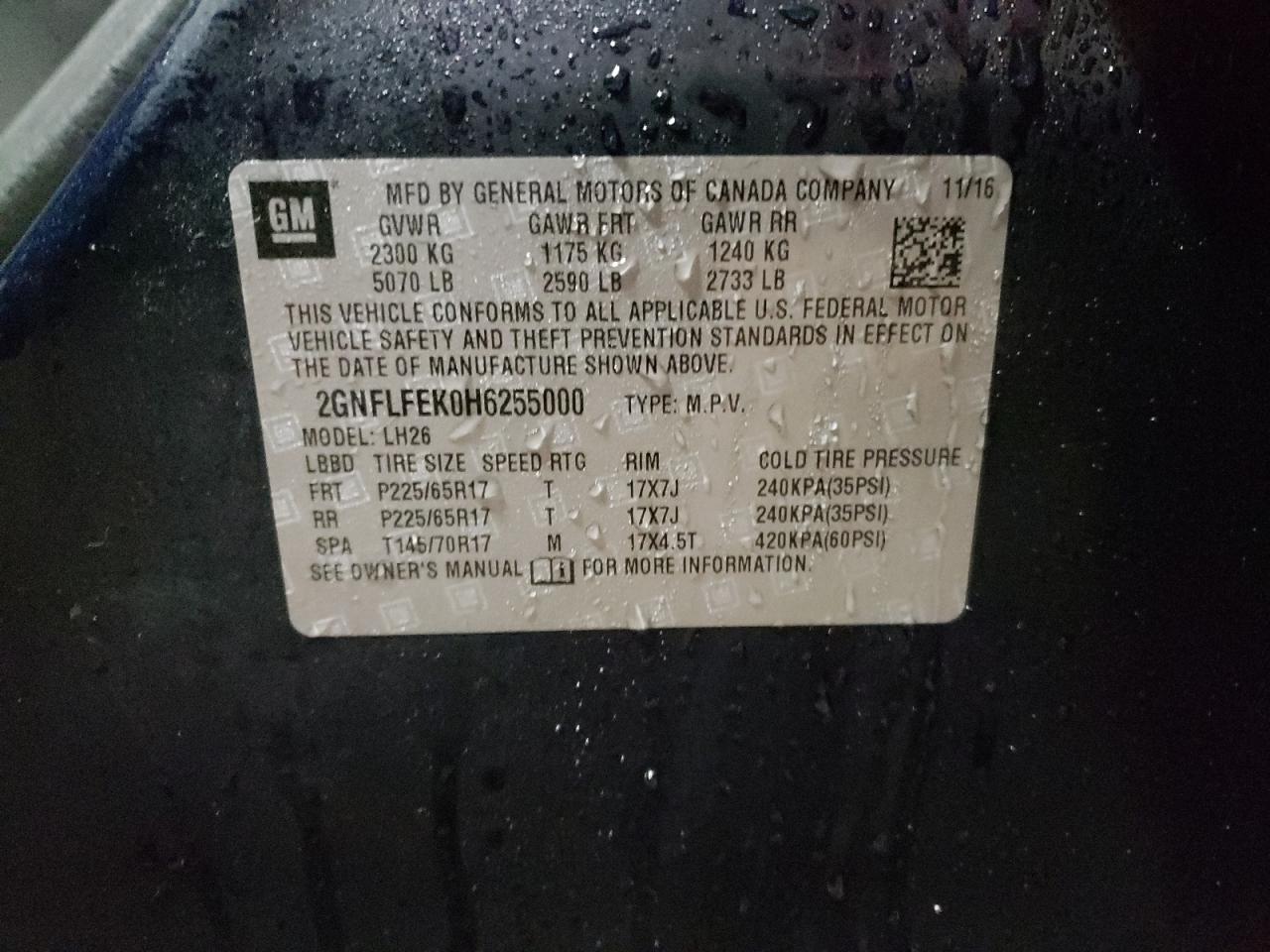 Photo 10 from auction – 2017 CHEVROLET EQUINOX LT with VIN 2GNFLFEK0H6255000