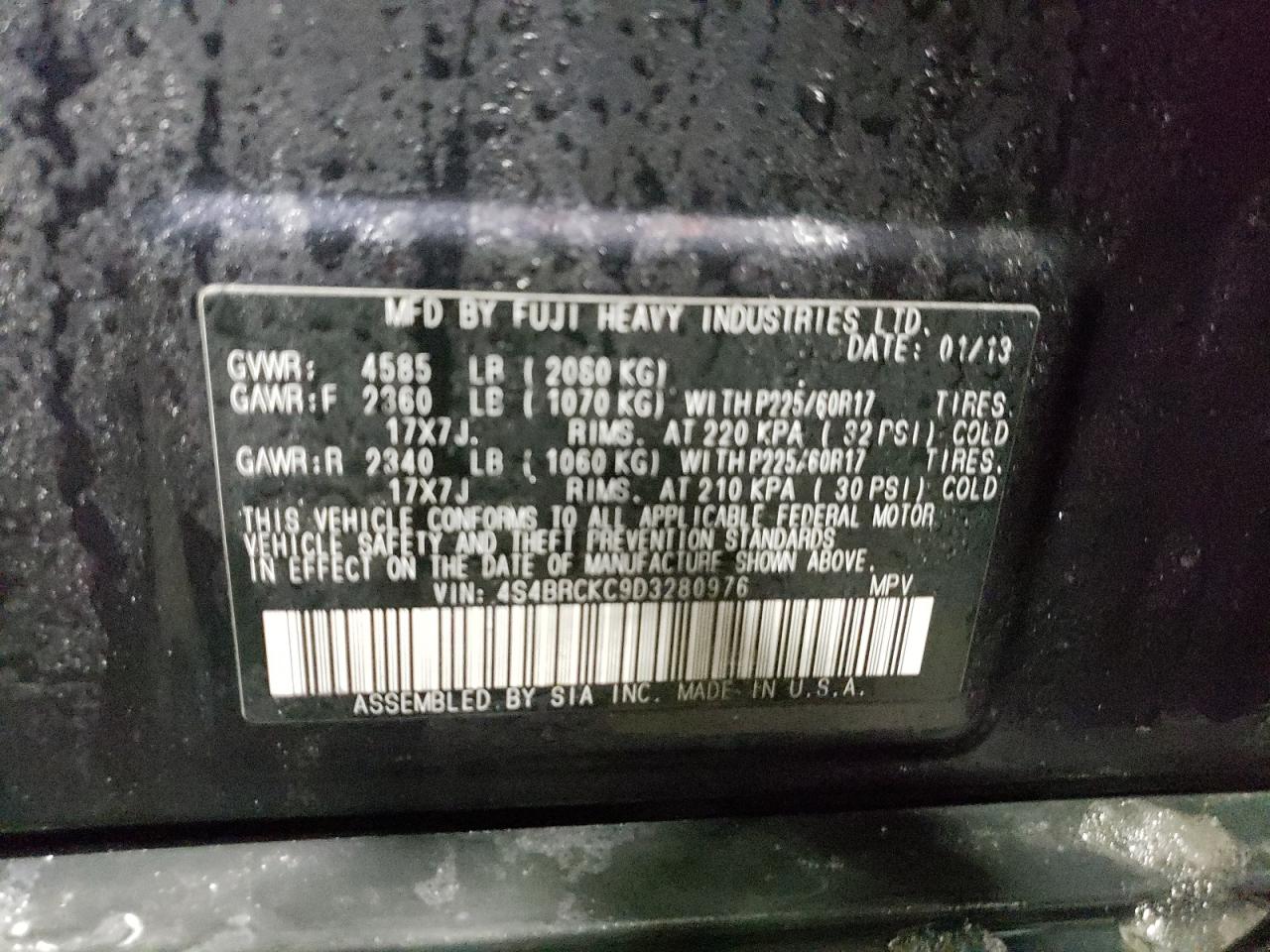 Photo 10 from auction – 2013 SUBARU OUTBACK 2. with VIN 4S4BRCKC9D3280976