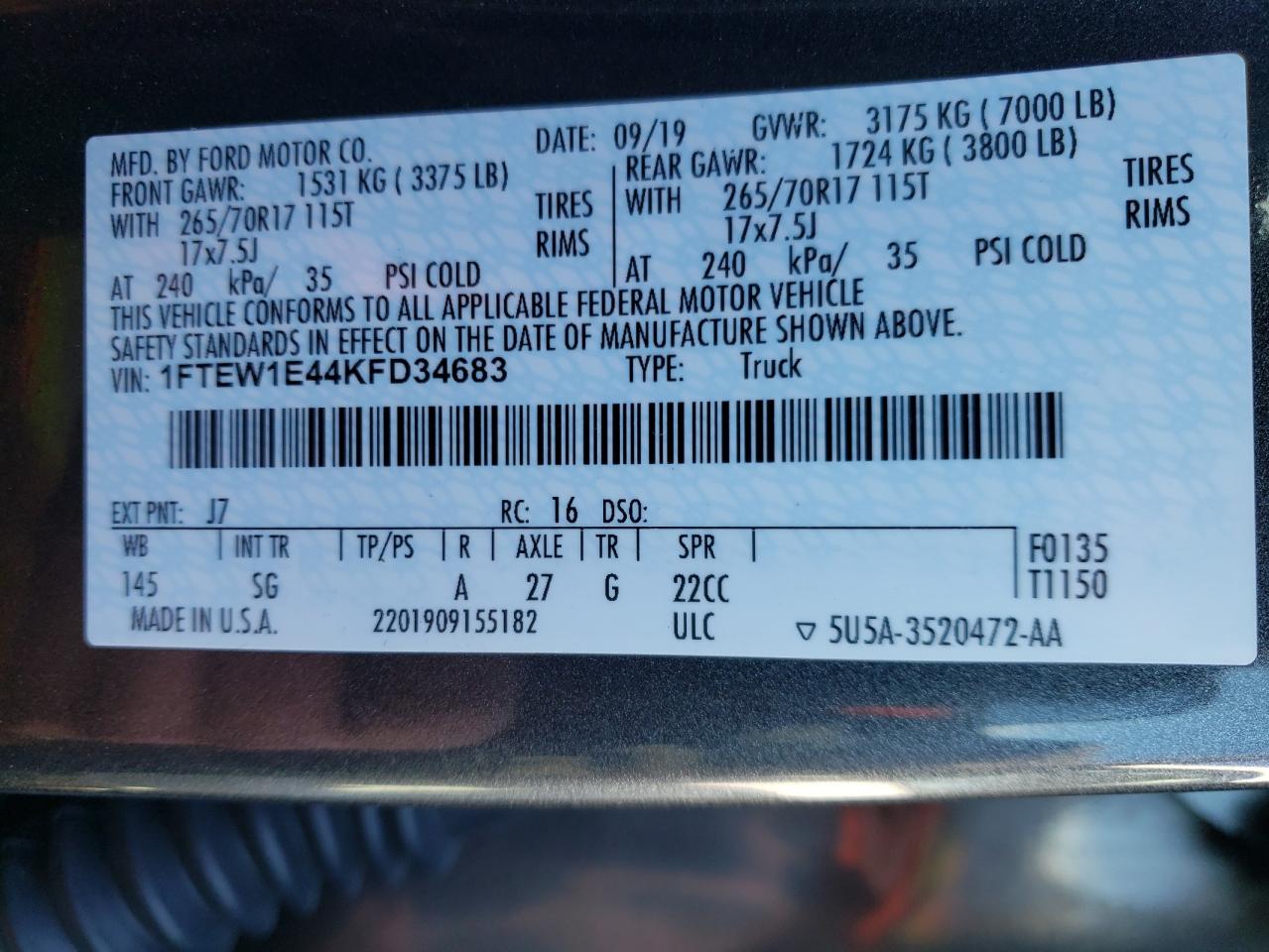 Photo 10 from auction – 2019 FORD F-150 with VIN 1FTEW1E44KFD34683
